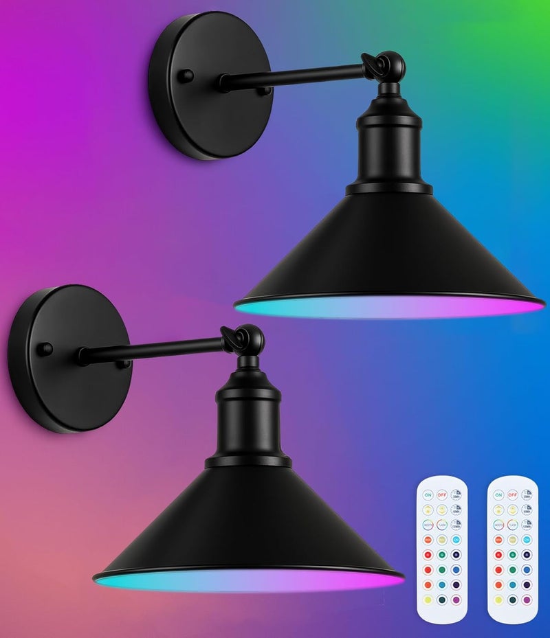 Franing Rechargeable Battery Operated Wall Sconces Set of 2, RGB 15 Color Dimmable Wireless LED Wall Sconce, Includes Bulb and Remote Control, Suitable for Bedroom, Farmhouse, Gallery. - Image 1